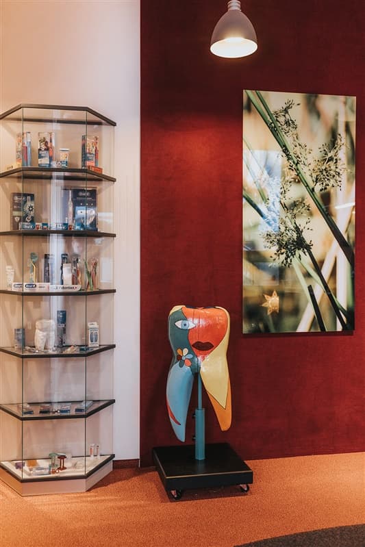Vitrine mit Zahnpflegeprodukten neben einer bunt bemalten Zahnskulptur