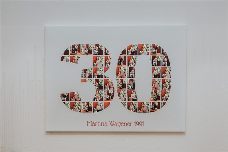 Leinwand mit einer aus Fotos gestalteten 30 und dem Schriftzug Martina Wagener 1991